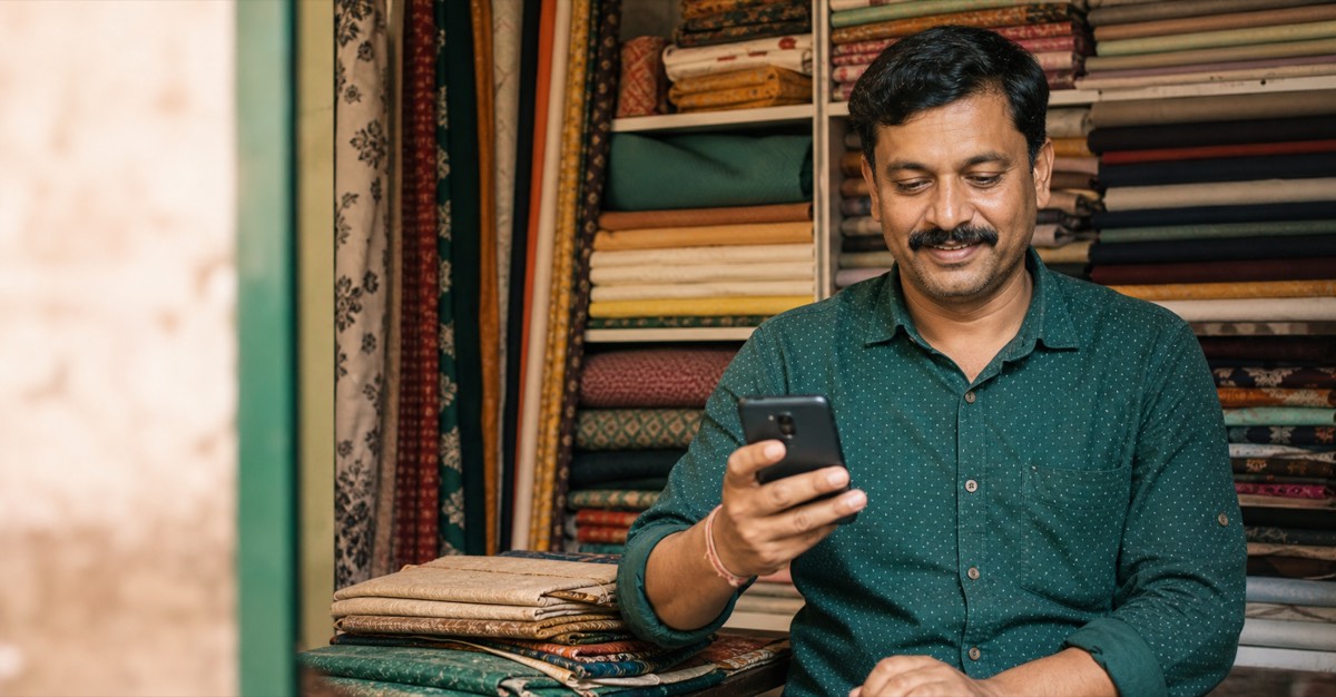 An independent textile merchant smiling while using his phone inside his shop
